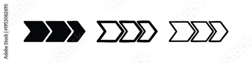 Triple Right Arrow Icon Set. Fast Forward Multiple Chevron Symbols in Solid, Outline, and Thin Line Styles.