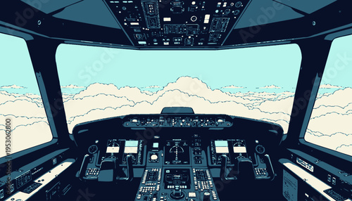 Captivating View from Aircraft Cockpit with Advanced Controls and Stunning Cloudscape on a Clear Sky Day