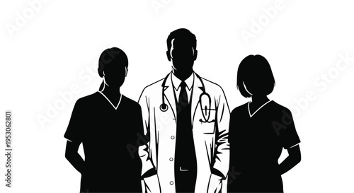 Medical professionals team doctors nurses standing together in silhouette healthcare workers in lab coats and scrubs