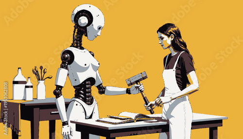Robot and Human Collaborate in a Creative Workshop Setting with Tools and Open Book on a Bright Yellow Background