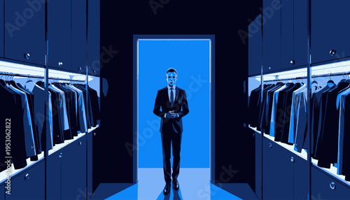Person with Digital Face Scan Standing in Modern Illuminated Closet Surrounded by Neatly Arranged Suits and Clothing in a Futuristic Setting