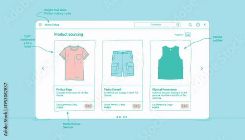 Design Interface Showcasing Product Sourcing for Apparel Items Including T-Shirt, Shorts, and Vest with Detailed Annotation and User Interaction Elements