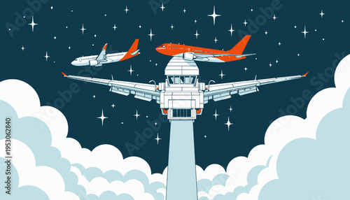 Vibrant Illustration of Air Traffic with Airplanes Soaring Above Clouds and Control Tower Amidst Starry Night Sky