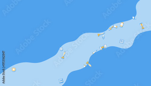 Flowing Stream with Various Objects Including Trophies, Books, and Stationery on a Vibrant Blue Background Illustrating Knowledge and Achievement