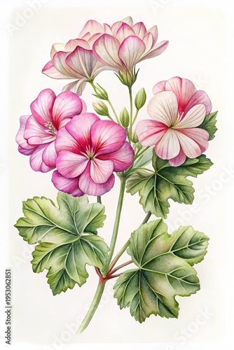 Wallpaper Mural Watercolor Painting of Delicate Pink and White Geranium Flowers with Green Leaves Torontodigital.ca