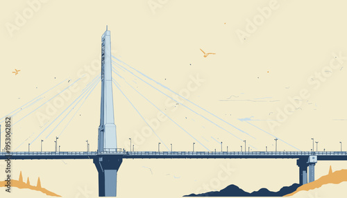 Elegant Suspension Bridge with Towering Pylon and Taut Cables Spans Dramatic Landscape Under Expansive Sky with Soaring Birds