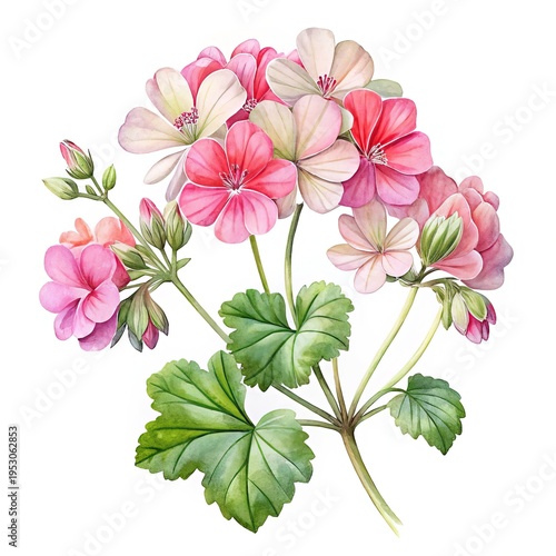 Wallpaper Mural Watercolor Illustration of Pink and White Geranium Flowers on a White Background Torontodigital.ca
