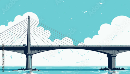 Elegant Suspended Cable-Stayed Bridge Over Tranquil Waters Under a Bright Sky with Fluffy Clouds and Distant Seagulls