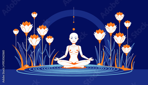 Illustration of a Person in Meditative Pose Surrounded by Blooming Flowers on a Rippling Water Surface Under a Starry Night Sky