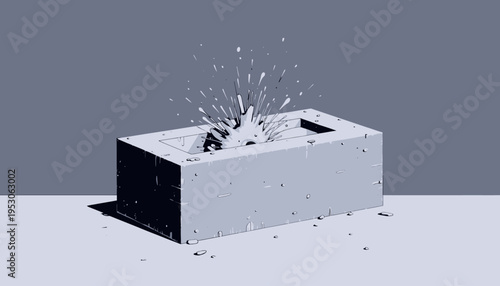 Illustration of a Concrete Block with a Dramatic Splash Impact in Minimalist Style against a Monochrome Background