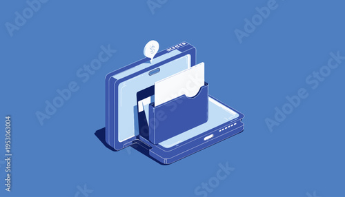 Isometric Illustration of a Modern Digital File Folder Emerging from a Laptop Screen on a Blue Background Representing Data Management