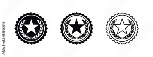 Star and laurel wreath badge icon set. Emblem of award, quality, or achievement in three distinct styles.