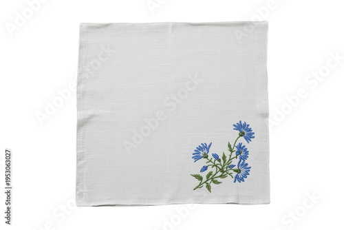 White linen handkerchief with delicate blue floral embroidery, perfect for elegance, wedding, or vintage fashion on transparent background