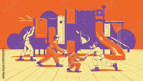 Vibrant Playground Scene with Colorful Equipment and Children Engaging in Energetic Play on a Bright Sunny Day with Orange and Pink Sky in the Background