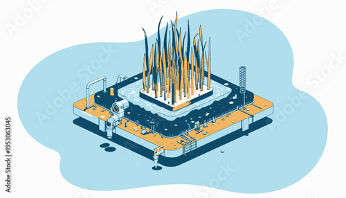 Illustration of Innovative Hydroponic System with Growing Green Plants on a Floating Platform in Water-Focused Sustainable Agricultural Environment