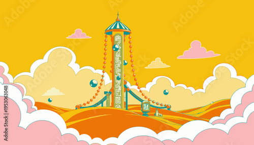 Whimsical Fantasy Tower Among Vibrant Clouds and Rolling Hills with Surreal Artistic Touch and Enchanting Dreamlike Composition