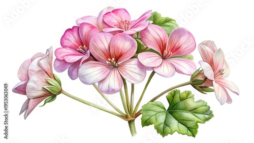 Wallpaper Mural Watercolor Painting of Pale Pink Geranium Flowers with Lush Green Leaves on White Torontodigital.ca
