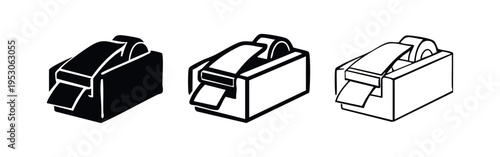 Tape dispenser icon set. Office supply tool with adhesive tape, presented in various styles for creative projects.