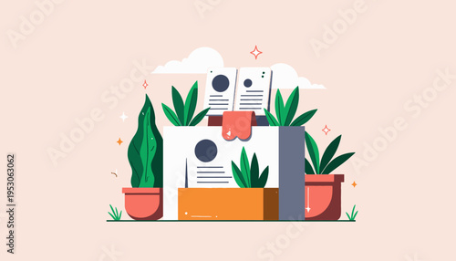 Illustration of an Office Scene Featuring Organizing Files, Potted Plants, and Decorative Elements Against a Simplistic Pastel Backdrop