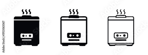Water heater icon set. Home appliance or boiler symbol with steam, in three different styles for concepts.