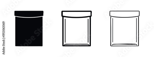 Rectangular bottle or packaging icon set. Minimalist container symbol in different styles for branding.