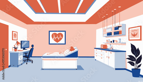 Illustration of a Modern Medical Examination Room Featuring a Patient on a Bed Surrounded by Clinical Equipment and Healthcare Interior Design Elements