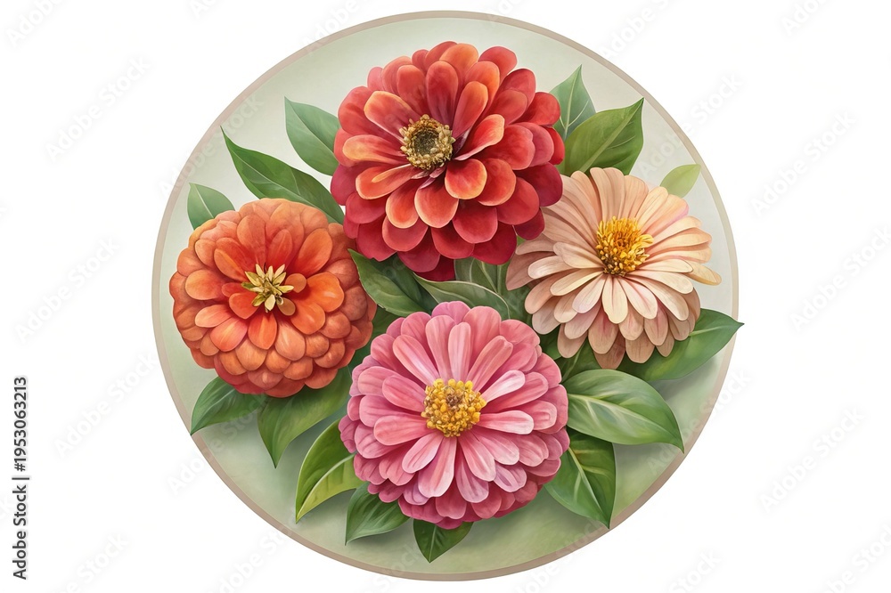 custom made wallpaper toronto digitalFour Vibrant Zinnia Flowers in a Circular Artistic Arrangement with Green Leaves