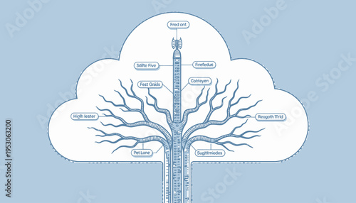 Detailed Visualization of a Networked Tree Structure with Centralized Connectivity and Diverging Branches Representing Complex Data Flow