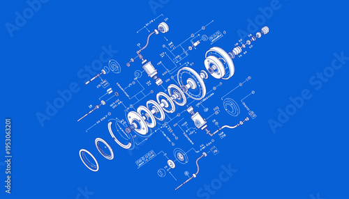 Detailed Exploded View Illustration of Mechanical Components with Labels on Blueprint Background for Educational Purposes