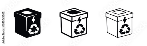 Battery Recycling Bin Isometric Icon Set, E-Waste Collection Container Vector, Energy Recycle Box Symbol