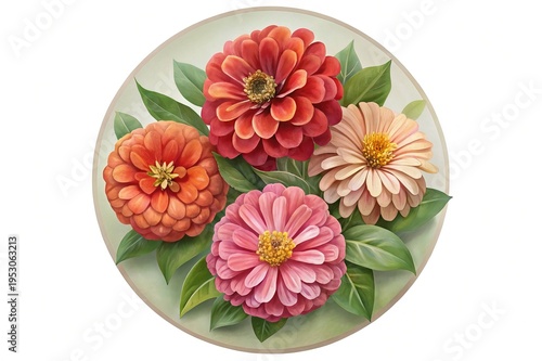 Wallpaper Mural Four Vibrant Zinnia Flowers in a Circular Artistic Arrangement with Green Leaves Torontodigital.ca