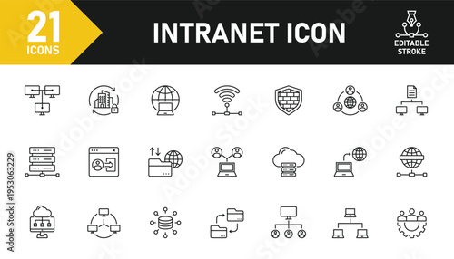 Intranet line icon set. Set of 21 outline icons related to network, access, connect, portal, internal, collaborate and others. Editable stroke. Vector illustration.