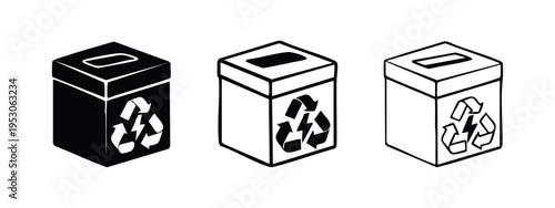 Isometric Recycling Bin for Waste Management Black and White Icon Set