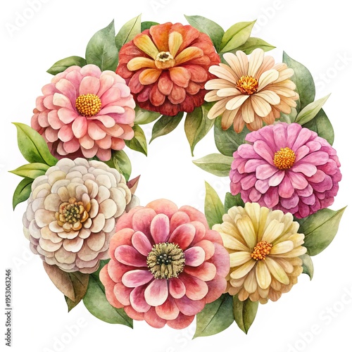 Wallpaper Mural Watercolor Zinnia Flowers Arranged in a Wreath on a White Background Torontodigital.ca