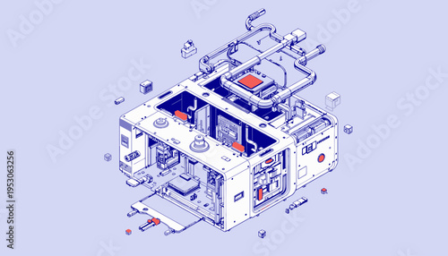 Intricate Illustration of a Complex Mechanical Device Exploding to Reveal Internal Components and Circuitry in a Detailed Isometric View