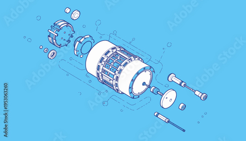 Technical blueprint style illustration of an exploded view showcasing the intricate parts of a mechanical device with a focus on engineering precision and design