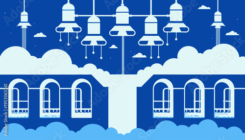 Illustration of a Futuristic Water Filtration System with Hanging High-Tech Filtration Units and Cascading Waterfalls Amidst a Cloudy Sky