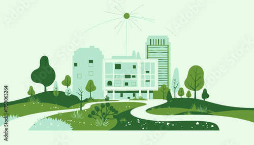Modern Sustainable Architecture Surrounded by Lush Greenery and Curved Pathways Under a Sunlit Sky with Minimalistic Urban Design