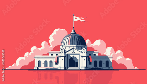 Ornate dome-topped architectural structure with flag under open skies set against contrasting background reflecting historical and cultural significance