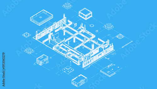 Detailed Blueprint Isometric Design of a Modern Industrial Facility with Structural Elements on Light Blue Background