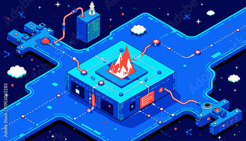 Futuristic Digital Data Center Hub with Network Connections and Advanced Technology Elements in a Sci-Fi Inspired Night Sky Environment