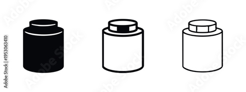 Cylindrical bottle with screw cap icon set, packaging design elements for various products, vector illustration.