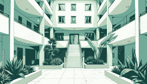 Modern Architectural Interior Courtyard Featuring Minimalistic Design with Natural Greenery and Central Staircase Leading to Upper Levels