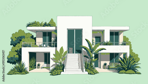 Modern Architectural Residence Embraced by Lush Greenery and Symmetrical Design Features with Spacious Windows and Outdoor Space