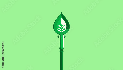 Illustration of renewable energy symbolized by a green leaf-shaped fuel pump with an eco-friendly design representing sustainability and environmental conservation