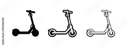 Electric scooter icon set in solid and outline styles, modern urban personal transport vector illustration.