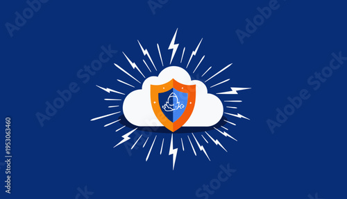 Illustrated Cloud Security with Shield Icon and Lightning Bolts Representing Digital Protection and Cyber Defense