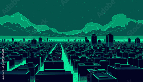 Futuristic Neon Cityscape with Endless Rows of Skyscrapers Under a Starry Night Sky and Illuminated Clouds in a Vibrant Urban Environment