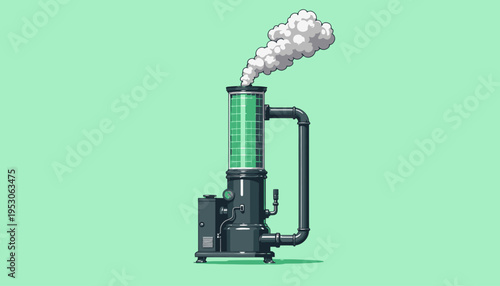 Illustration of a Complex Industrial Machine with Smog Emissions and Intricate Pipework on a Soft Green Background