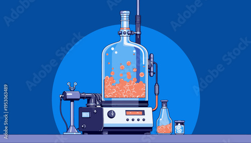 Intricate Laboratory Apparatus with Centralized Glass Chamber Containing Vibrant Circular Particles and Flanking Vials Under Precision Control Settings